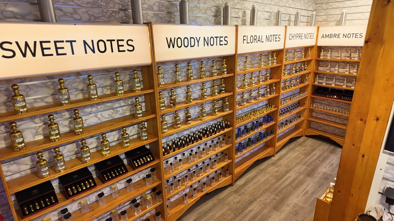 Niche perfume organ and collection shelves at The Perfume House Marrakech